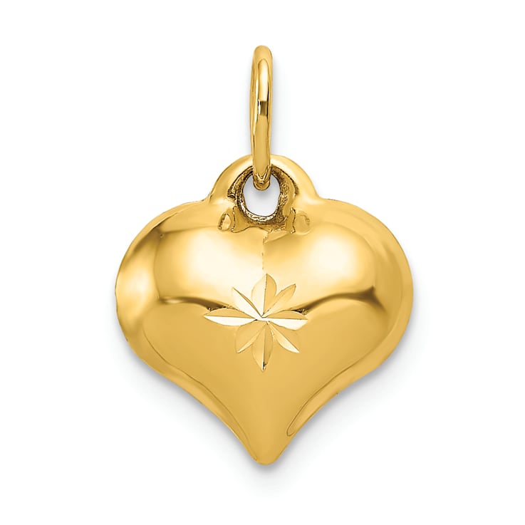 14k Yellow Gold 3D Polished and Diamond-Cut Puffed Heart pendant