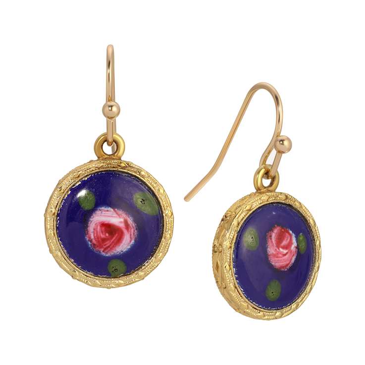 14K Gold Dipped Round Blue & Pink Flower Enamel Wire Earrings