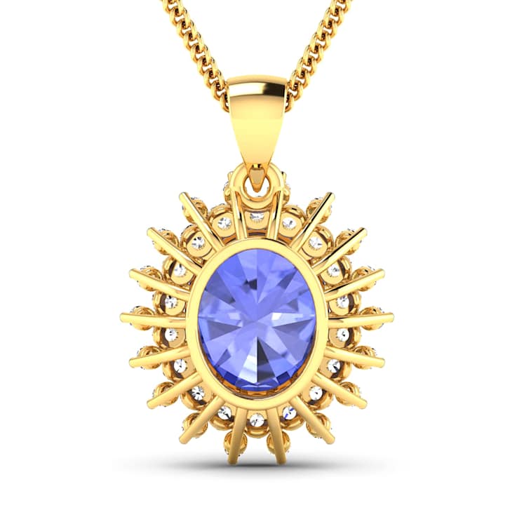Blue Tanzanite and White Diamond 14K Yellow Gold Halo Pendant with Cable
Chain 3.75ctw