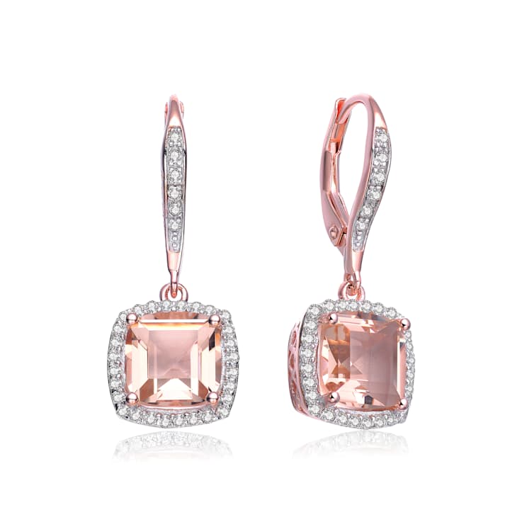 Morganite Color CZ Halo Drop Earrings In 18K Rose Gold Over Sterling Silver