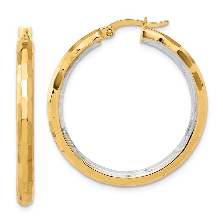14k Two-tone 1 5/16" Polished and Diamond-Cut Hoop Earrings