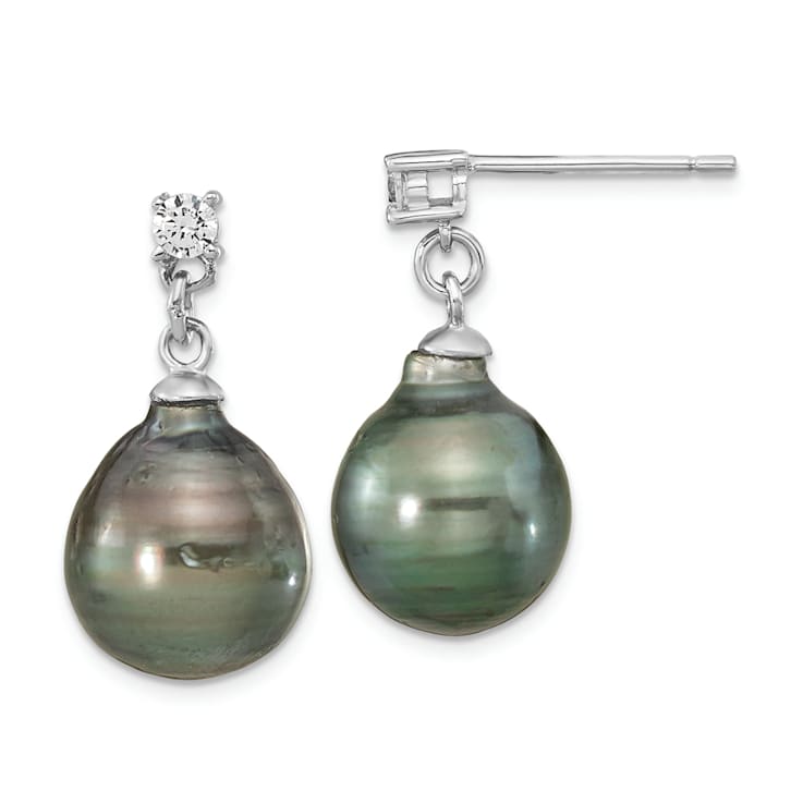 Rhodium Over Sterling Silver Polished Necklace and Earring Set with
Tahitian Pearls and CZ.