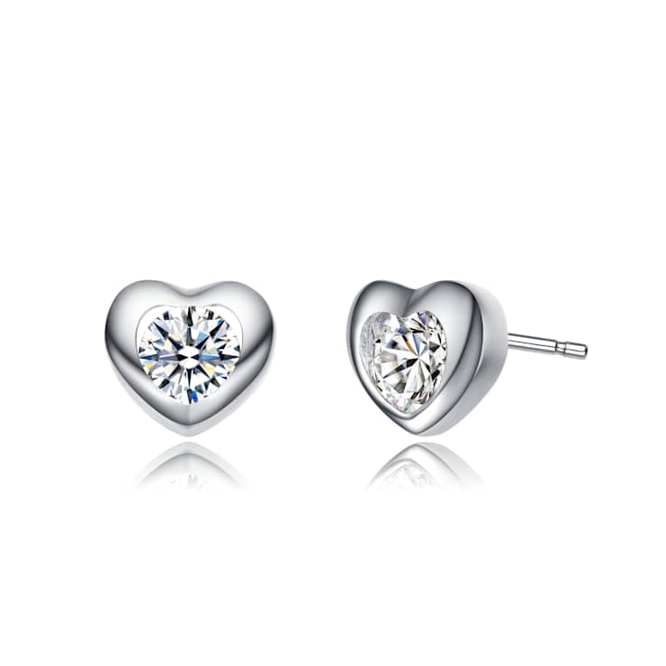 Heart CZ Stud Earrings In White Rhodium Over Brass