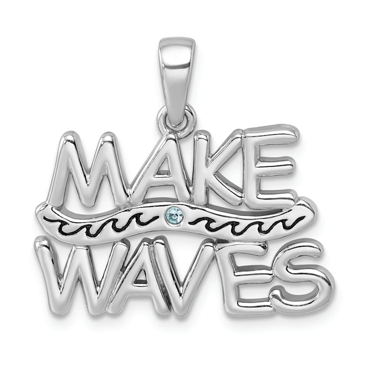 Rhodium Over Sterling Silver Polished 'Make Waves' with Crystal Pendant