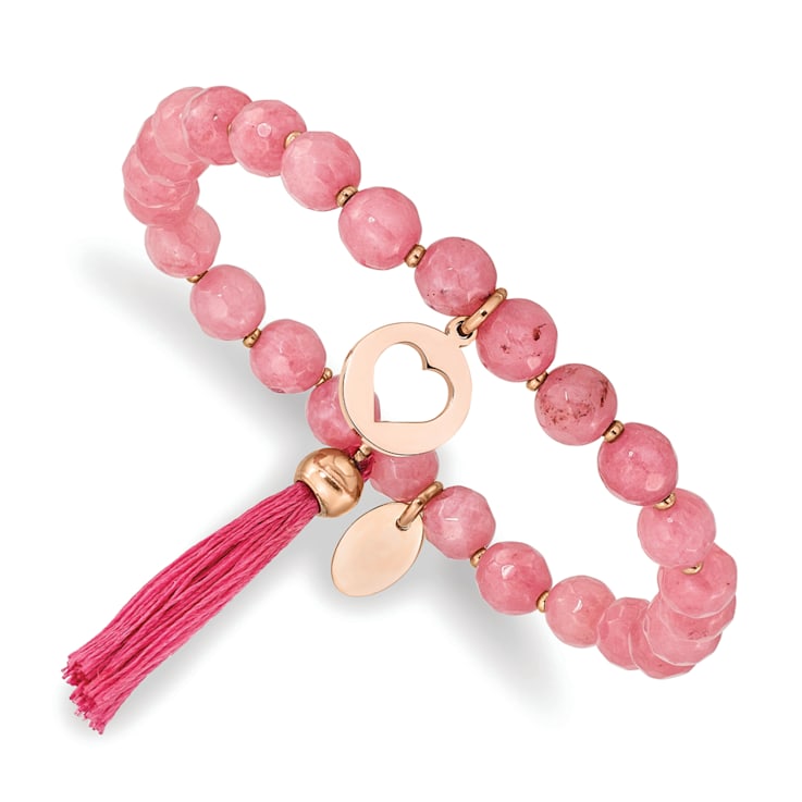 Rose Stainless Steel Polished  Heart with Tassel Pink Jade Beaded Bracelet