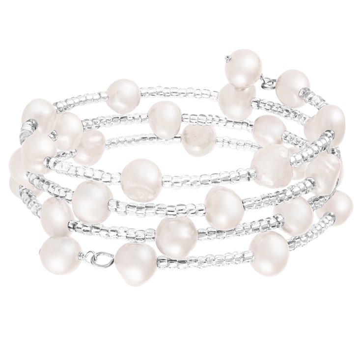 Sterling Silver Rhodium Plated Triple Row Freshwater Pearl Coil Bracelet