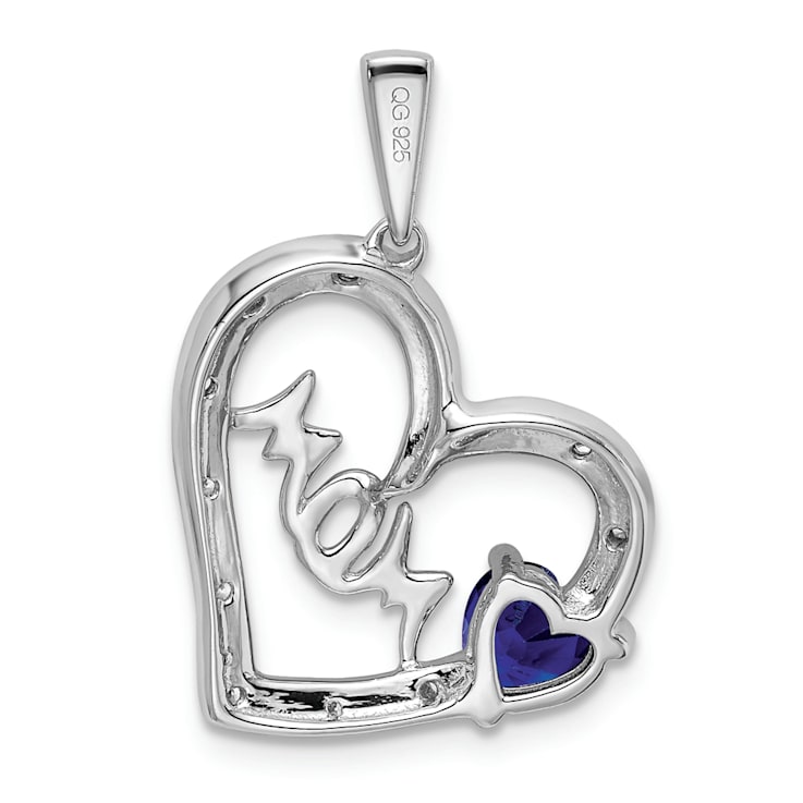 Rhodium Over 14k White Gold Sapphire and Diamond MOM Heart Pendant
