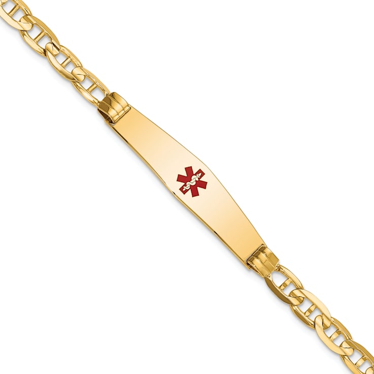 14k Yellow Gold Medical Soft Diamond Shape Red Enamel Mariner ID Bracelet