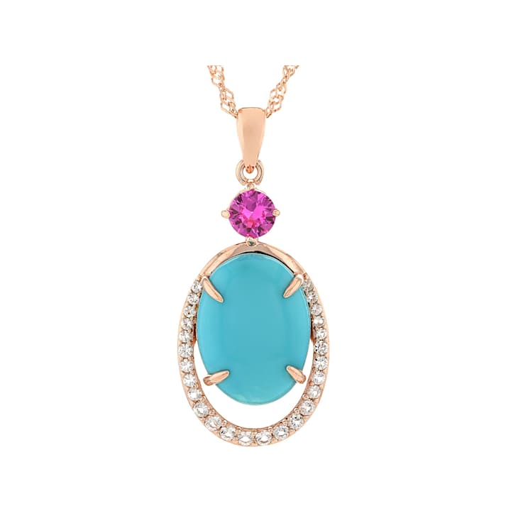 Turquoise, Lab Pink Sapphire And White Topaz Pendant Necklace In 18K
Rose Gold Over Sterling Silver