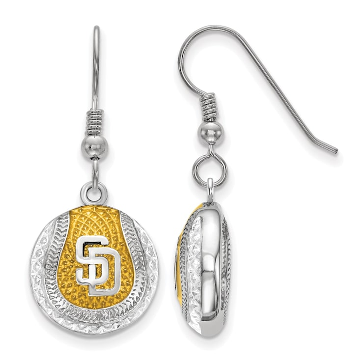 Rhodium Over Sterling Silver MLB LogoArt San Diego Padres Enamel Earrings
