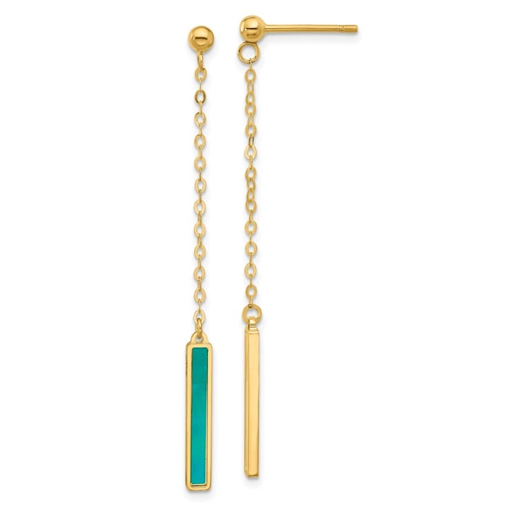 14K Yellow Gold Teal Color MOP Bar Dangle Post Earrings