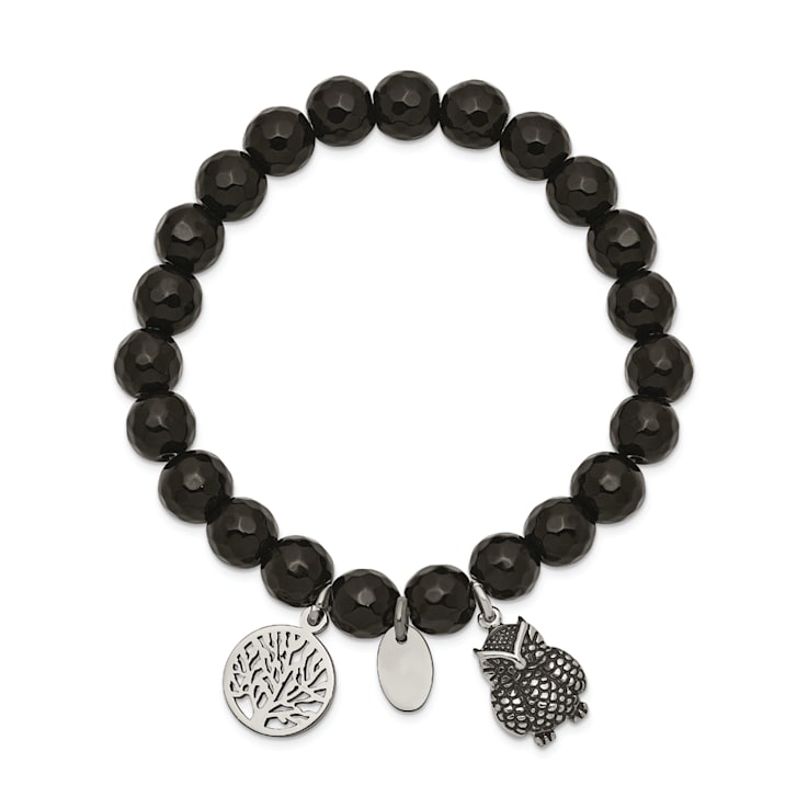 Stainless Steel Antiqued and Polished Owl Black Jade Stretch Bracelet