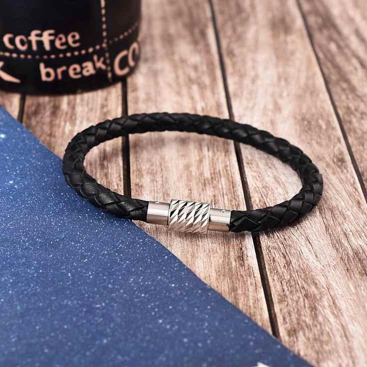 Mens Black Leather Braided Rope Bracelet with Stainless Steel Magnetic Closure