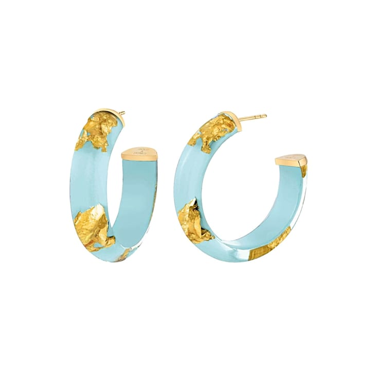 14K Yellow Gold Over Sterling Silver Small Gold Leaf Acrylic Hoops in
Sky Blue