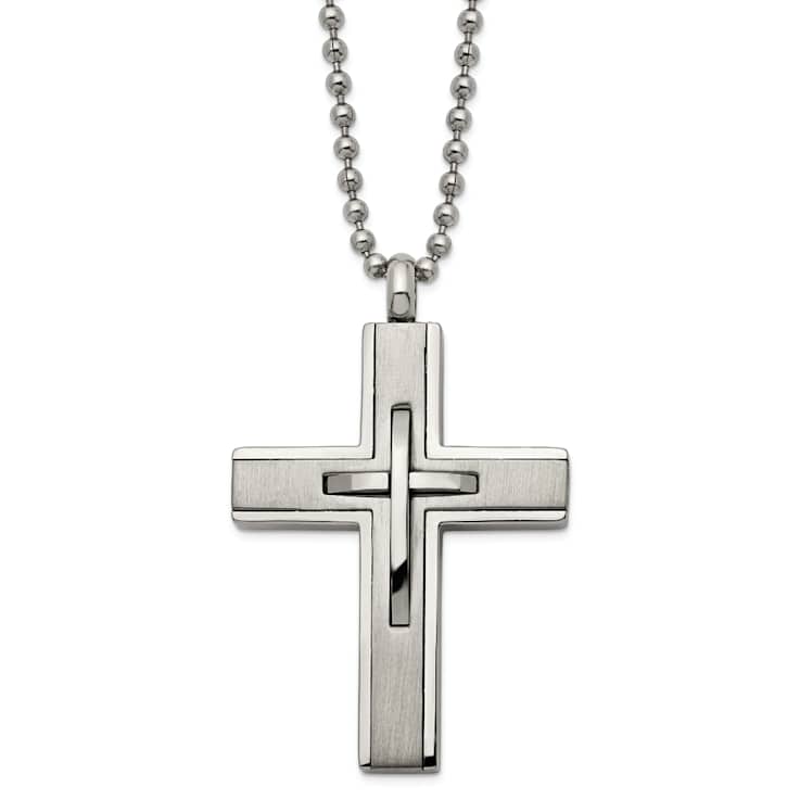 Titanium Brushed and Polished Cross Pendant with 22 Inch Ball Chain