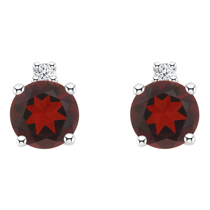 4mm Round Garnet with Diamond Accents 14k White Gold Stud Earrings