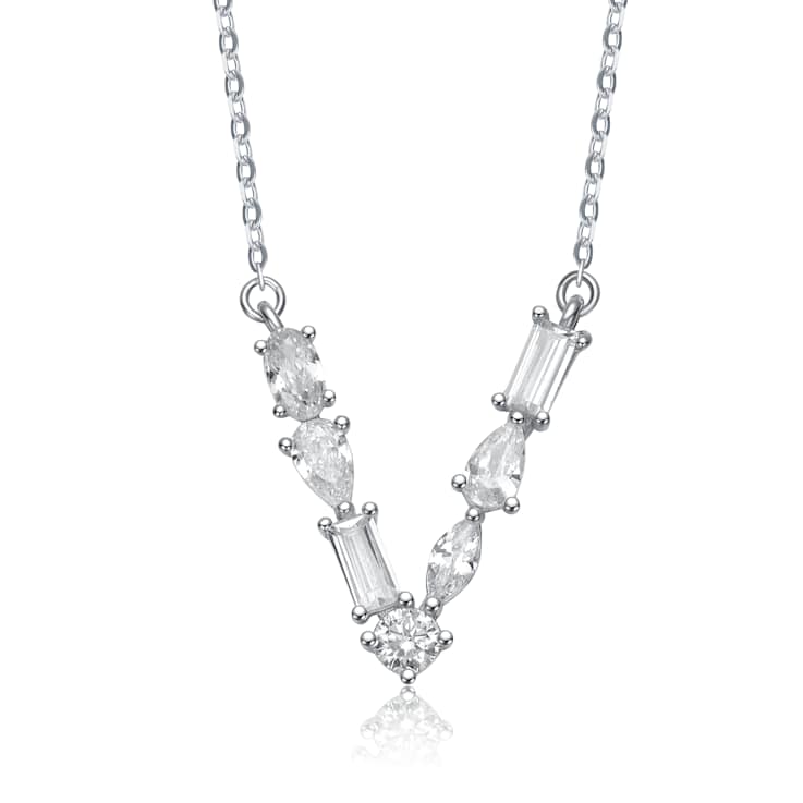 Initial V Mixed Cut CZ Pendant Necklace In Sterling Silver 18 Inch