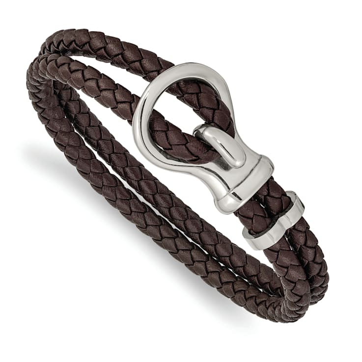 Brown Braided Leather and Stainless Steel Polished 8-inch Bracelet