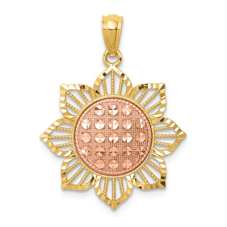 14k Two-tone Gold Diamond-Cut and Textured Sunflower Pendant