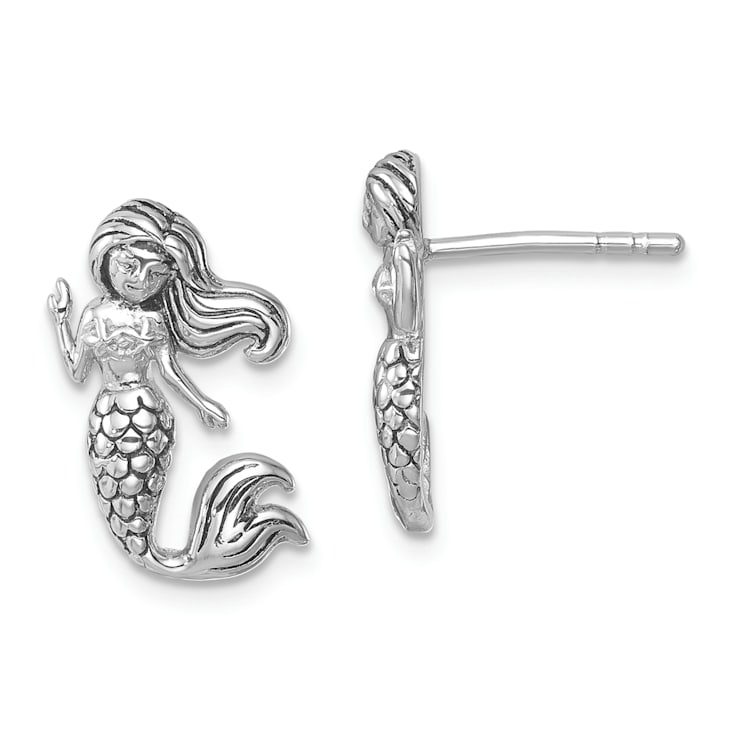 Rhodium Over Sterling Silver Antiqued Mermaid Earrings