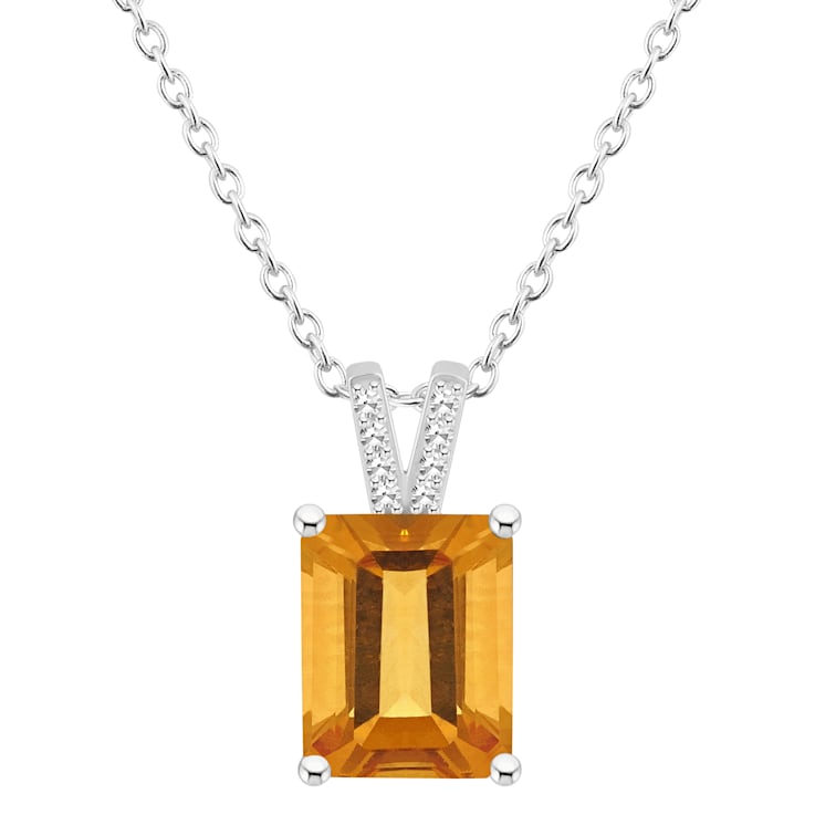 10x8mm Emerald Cut Citrine With Diamond Accents Rhodium Over Sterling
Silver Pendant with Chain