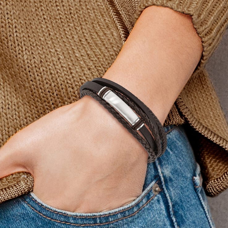 Brown Rubber and Stainless Steel Brushed 8-inch with 0.5-inch Extension Bracelet