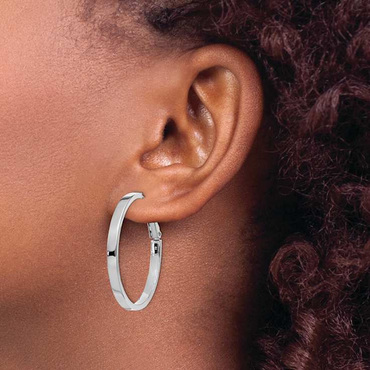 Rhodium Over 14k White Gold Polished 1 3/8" Square Tube Round Hoop Earrings