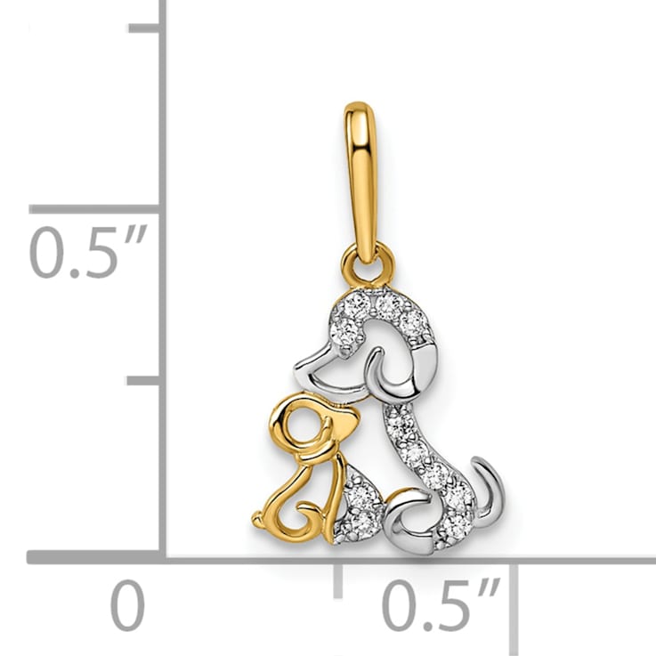 14K Two-tone Gold With White Rhodium Cubic Zirconia Dog and Puppy Pendant