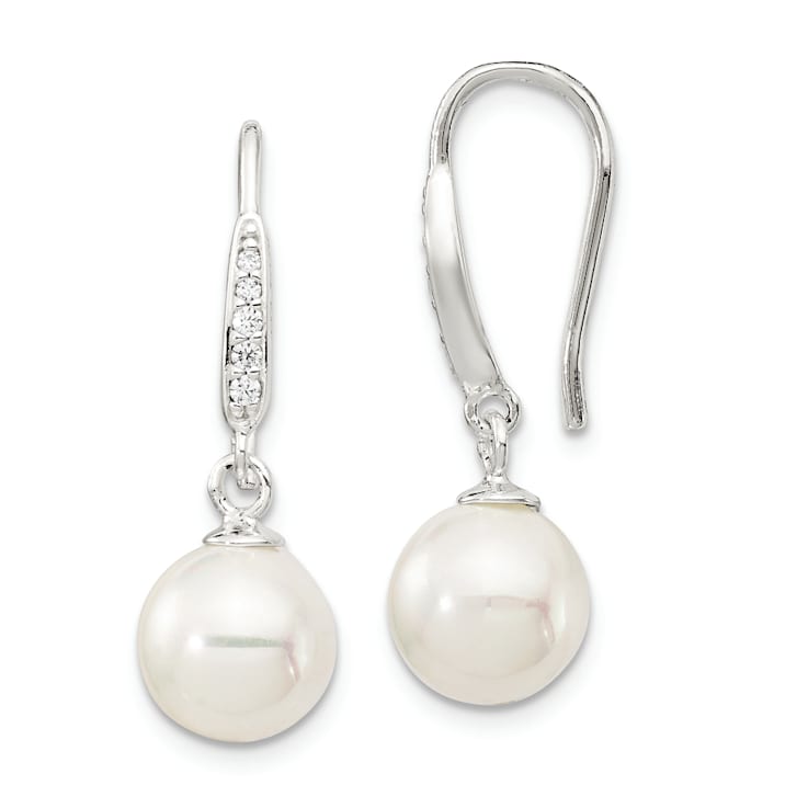 Rhodium Over Sterling Silver 7-8mm Shell Pearl and CZ Dangle Earrings