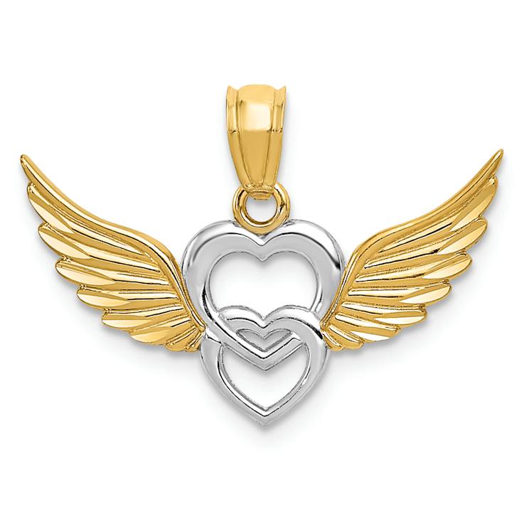 14k Two-tone Gold Polished and Textured Hearts with Wings Pendant