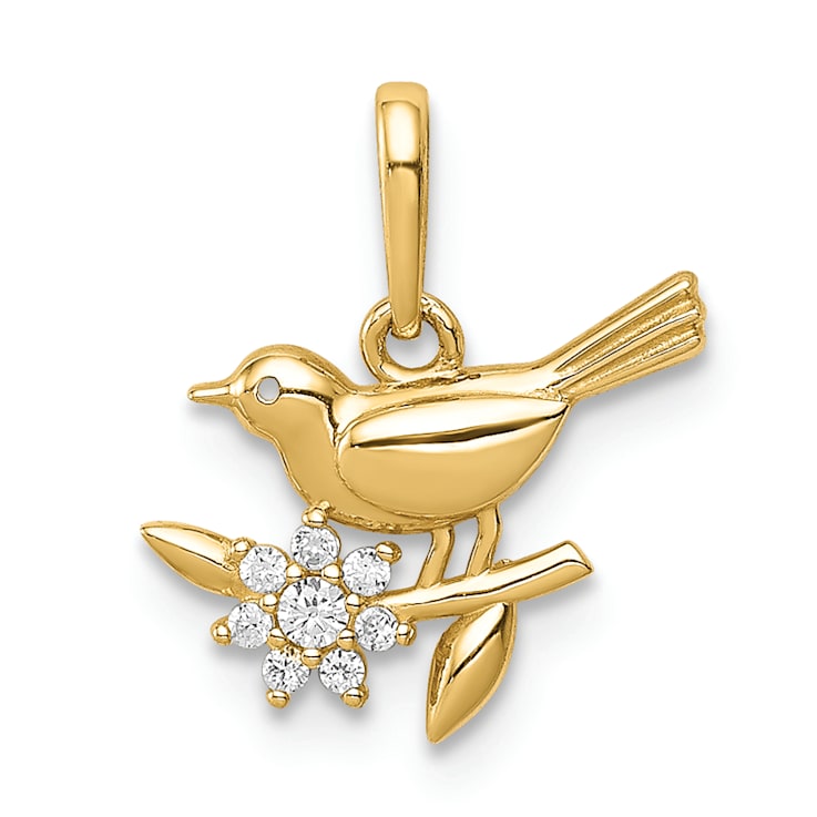 14k Yellow Gold Bird on a Branch with Cubic Zirconia Pendant