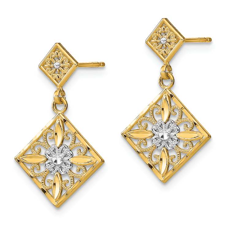 14k Two-tone Diamond-Cut Square Filigree Dangle Earrings