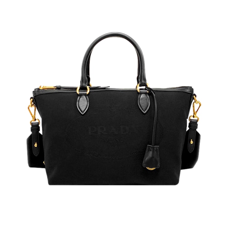 PRADA ハンドバッグ B11216 ブラック Prada Black Canvas Jacquard Logo Leather Trim Small Satchel
