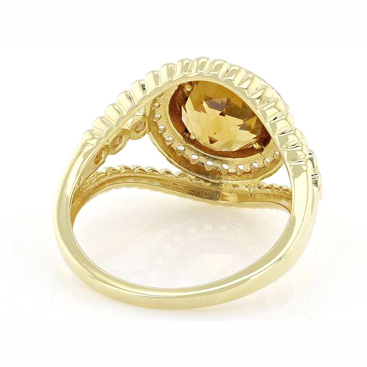 Citrine Round And White Zircon Ring In 18K Gold Over Sterling Silver 2.25ctw