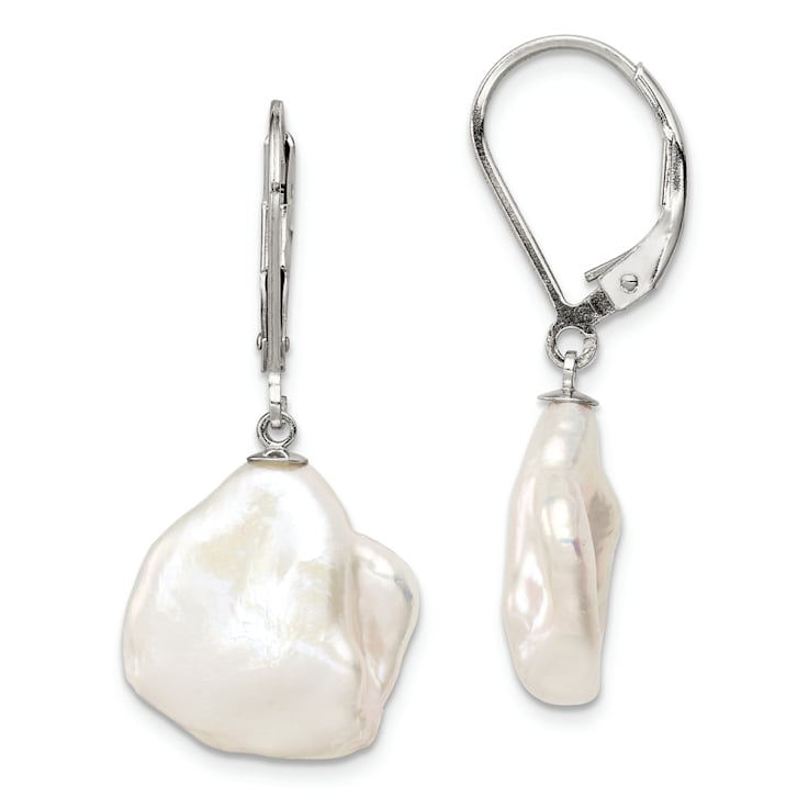Rhodium Over Sterling Silver 13-15mm Keshi Freshwater Cultured Pearl
Leverback Earrings