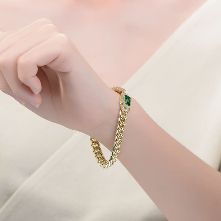 Green CZ Halo Cluster Curb Chain Bracelet In 14K Gold Over Brass
