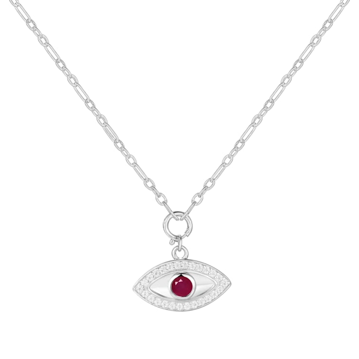 Ruby and Moissanite Rhodium Over Sterling Silver Evil Eye Necklace