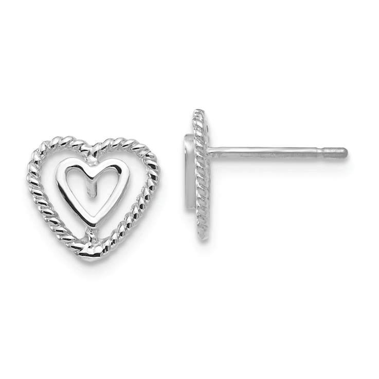 Rhodium Over 14k White Gold Textured 9mm Heart Stud Earrings