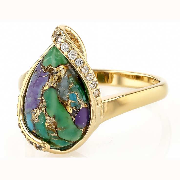 Multi-Color Blended Turquoise Pear And White Zircon Ring In 18K Gold
Over Sterling Silver 0.19ctw