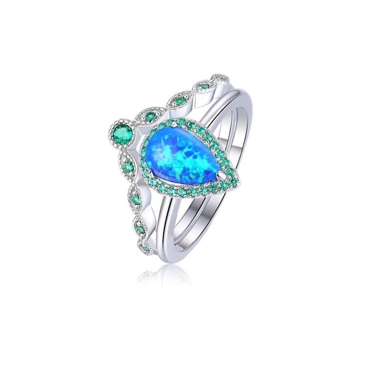 Lab Created Blue Opal and Green Nanocrystal Rhodium Over Sterling Silver
Stackable Ring and Band Set