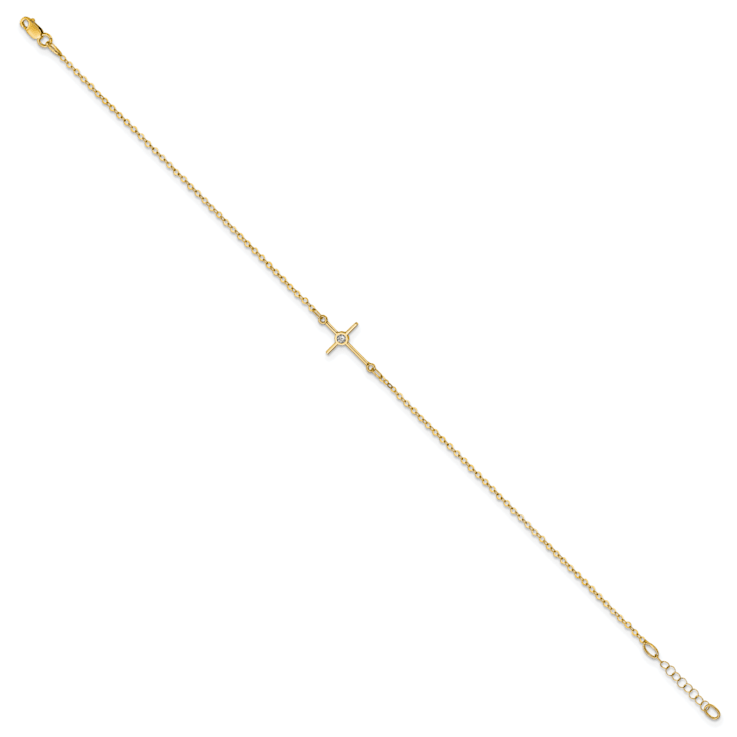 14K Yellow Gold Polished CZ Cross Anklet
