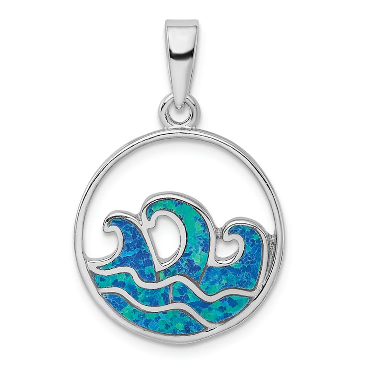 Rhodium Over Sterling Silver Blue Lab Created Opal Wave Pendant