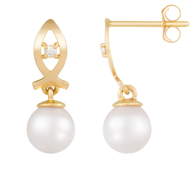 6-6.5mm Akoya Pearl and Diamond Accent 14K Yellow Gold Earrings, 0.08ctw