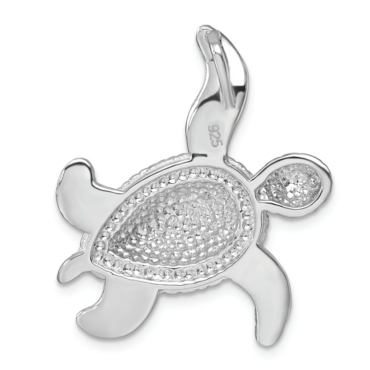 Rhodium Over Sterling Silver Polished Blue Crystal Turtle Chain Slide Pendant