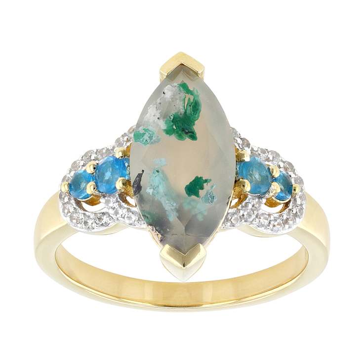 Blue Chalcedony, Neon Apatite And White Zircon Ring In 18K Gold Over
Sterling Silver