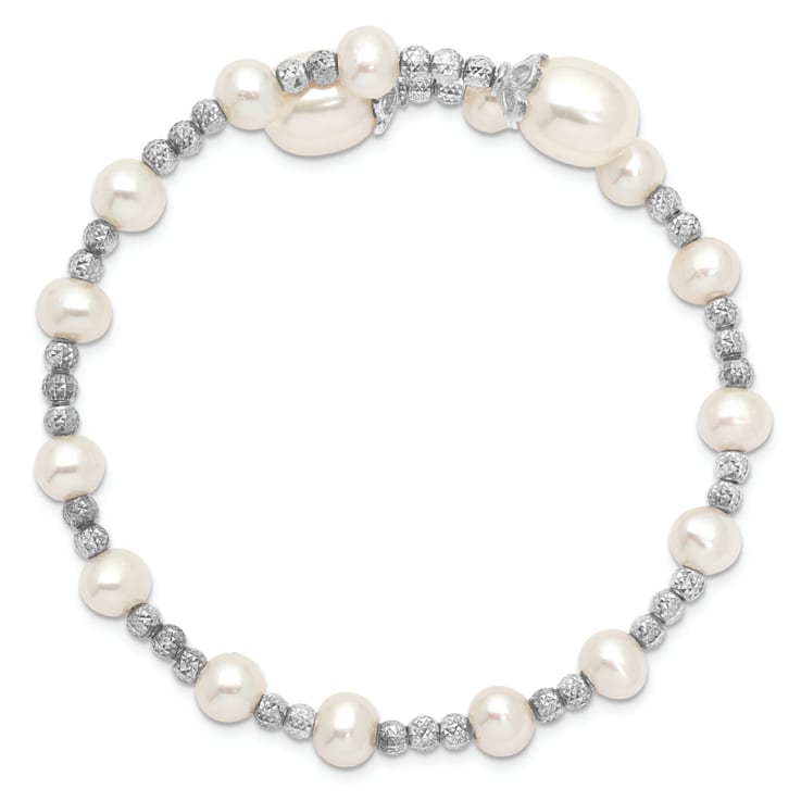 Rhodium Over Sterling Silver 5-6mm and 8mm White Freshwater Cultured
Pearl Coil Bangle