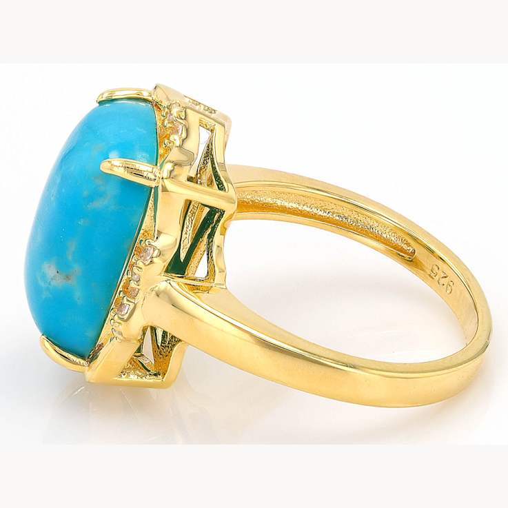 Turquoise And White Zircon Ring In 18K Gold Over Sterling Silver 0.11ctw