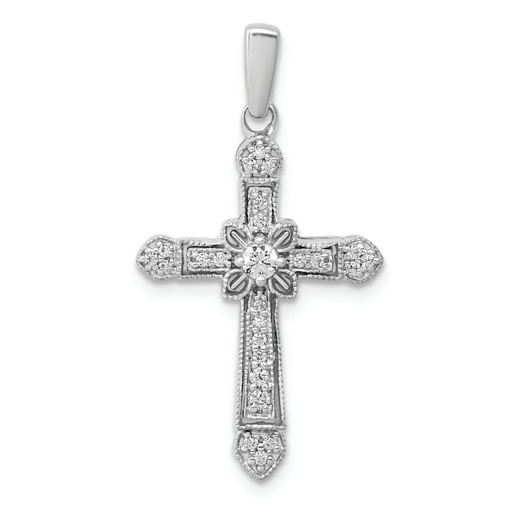 Rhodium Over 14K White Gold 1/6ct. Diamond Filigree Cross Pendant