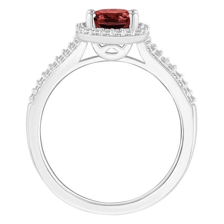 8x6mm Oval Garnet 1/4 ctw Diamond Rhodium Over Sterling Silver Halo Ring