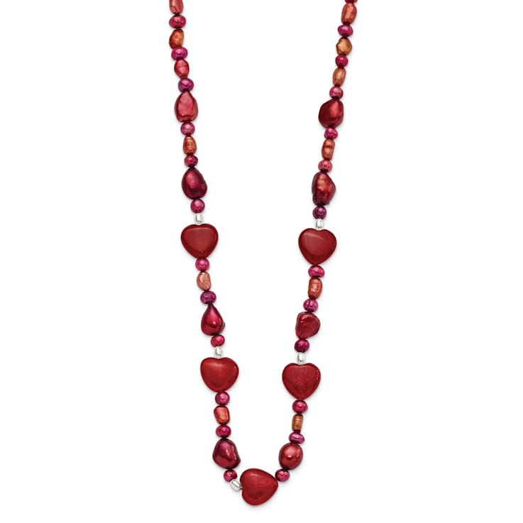 Sterling Silver Red Jadeite and Freshwater Pearl Heart Necklace